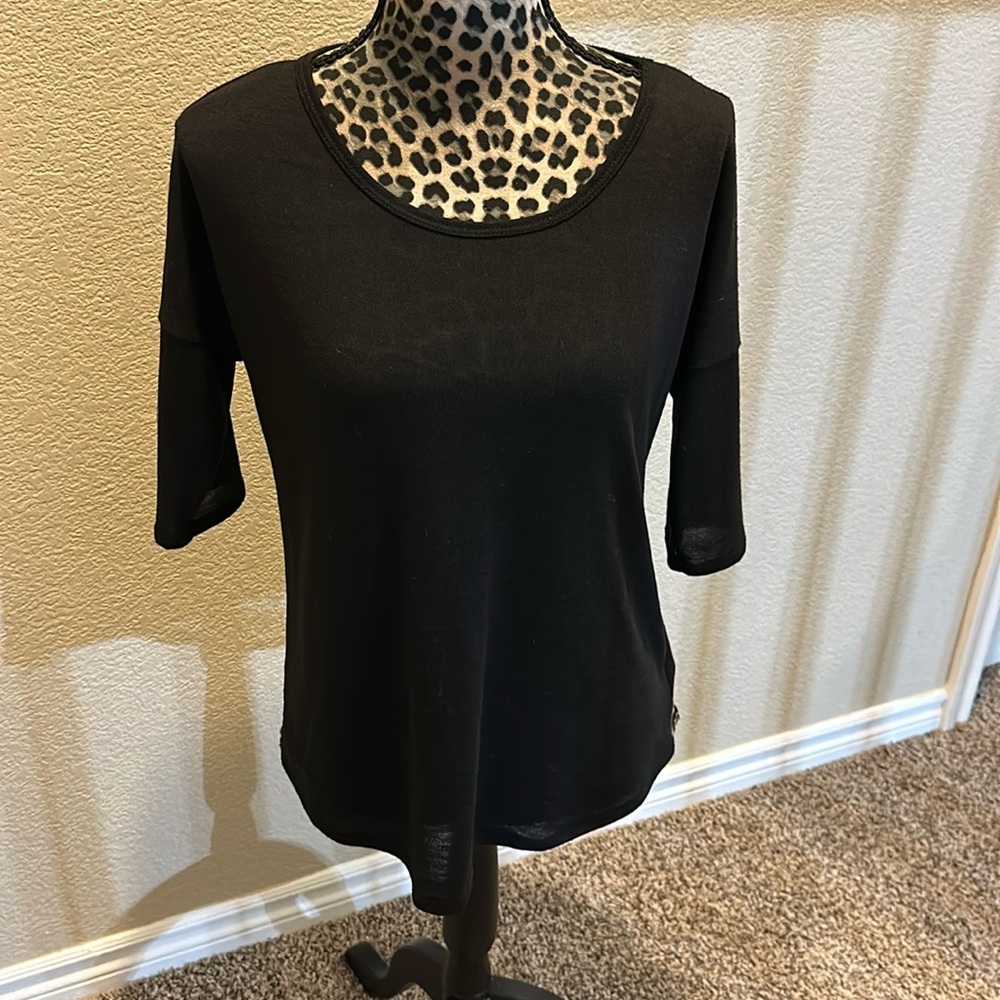 Women’s top, black with sheer/lace leopard print back, size M, new without tags